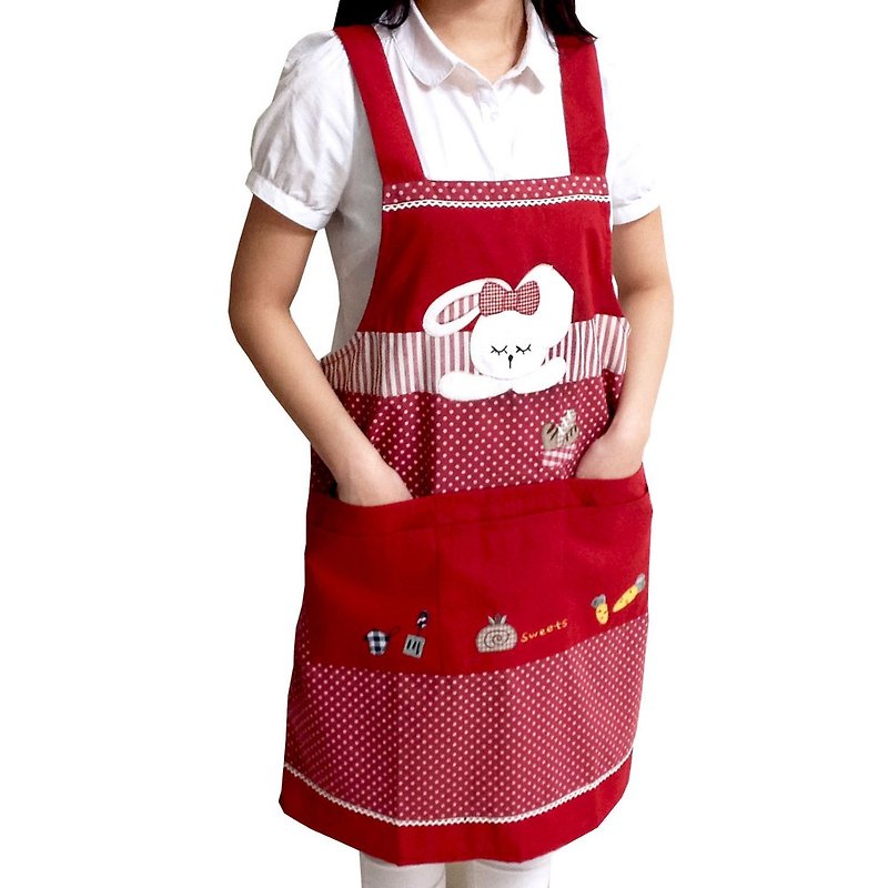 【BEAR BOY】和風六口袋甜點小兔圍裙-紅 - 圍裙 - 其他材質 