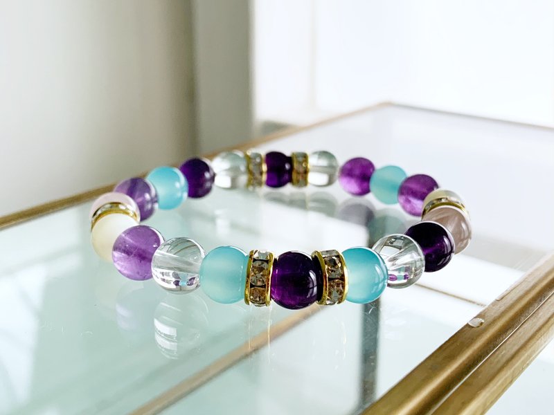 【ユニセックス】アメシスト・ローズクォーツ・カルセドニー・水晶のブレスレッド【2月 と 4月の誕生石】 - 手鍊/手環 - 半寶石 紫色