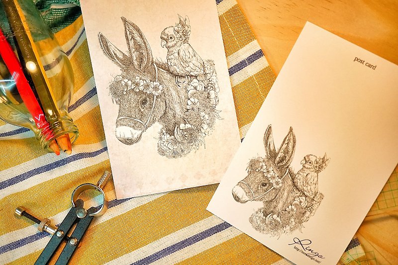 Warm donkey and parrot - Cards & Postcards - Paper Pink