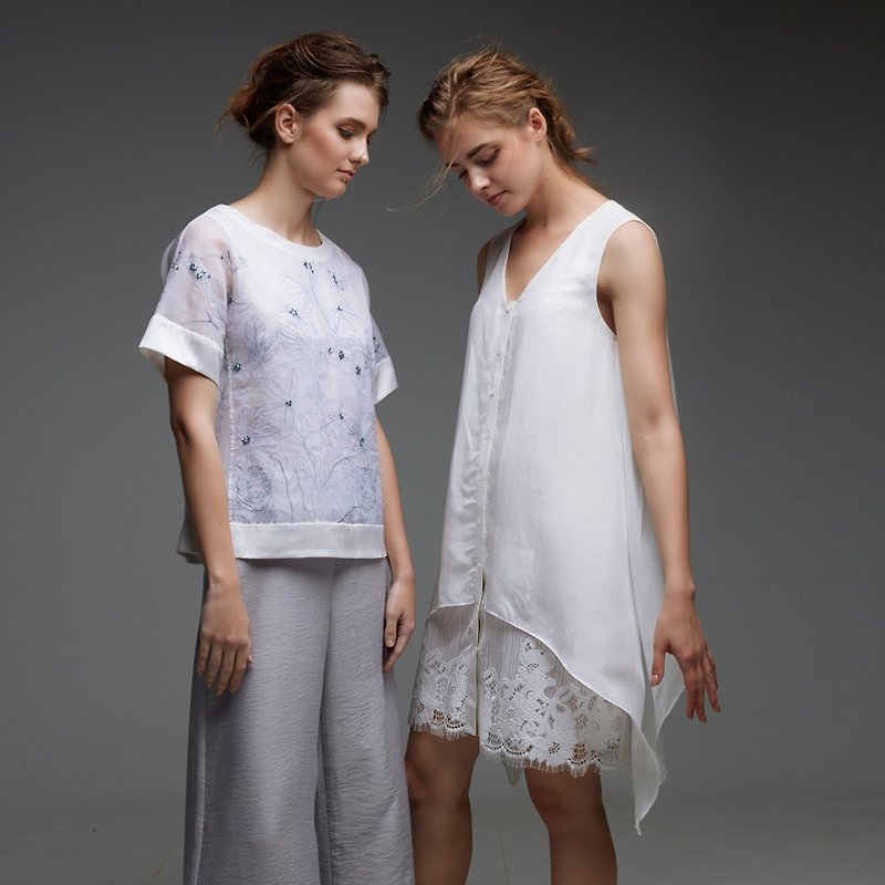 輕透蕾絲無袖洋裝(右) - 洋裝/連身裙 - 其他材質 白色