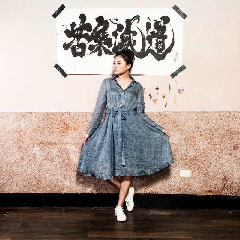 純苧麻洋裝長袖傘狀裙100%RAMIE DRESS ONE PIECE_CD006 - 女上衣/長袖上衣 - 棉．麻 藍色