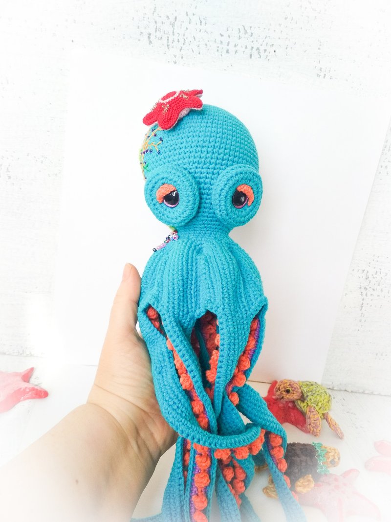 Crocheted toy octopus. Blue animal toy octopus. Aquatic sea octopus art decor. - Stuffed Dolls & Figurines - Cotton & Hemp Blue