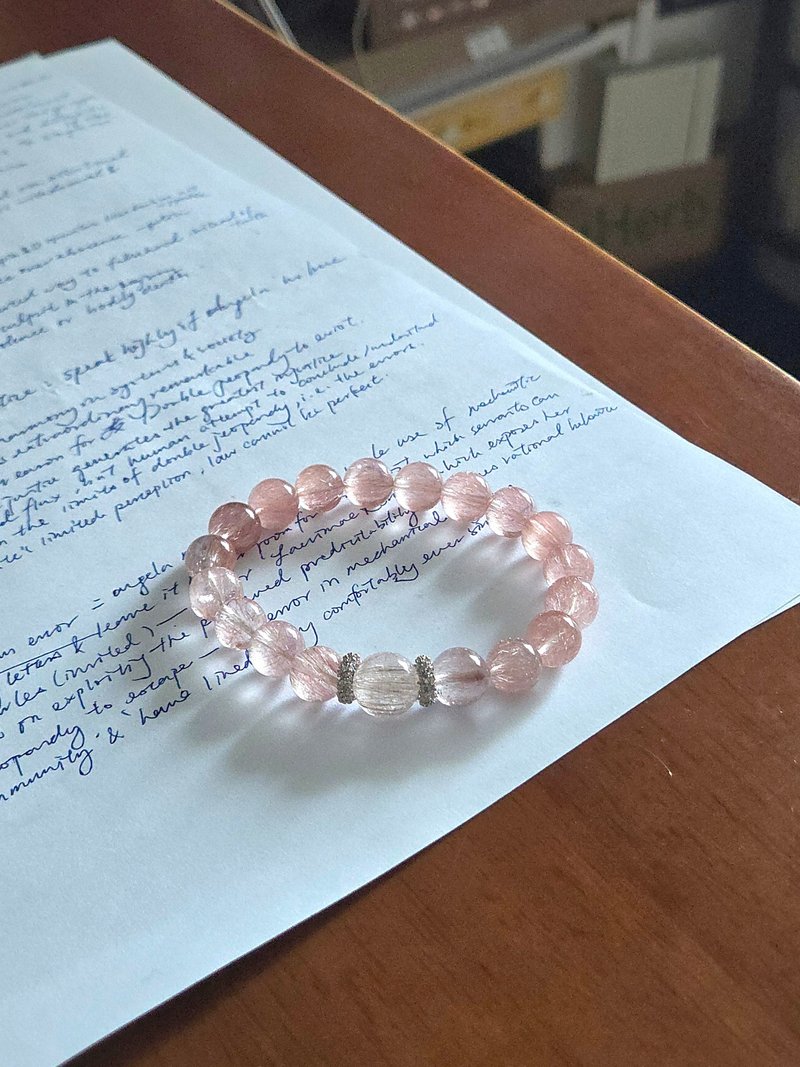 精品級別粉鋼絲兔毛 稀有9-11mm手串 桃花愛情人緣 - 手鍊/手環 - 水晶 粉紅色