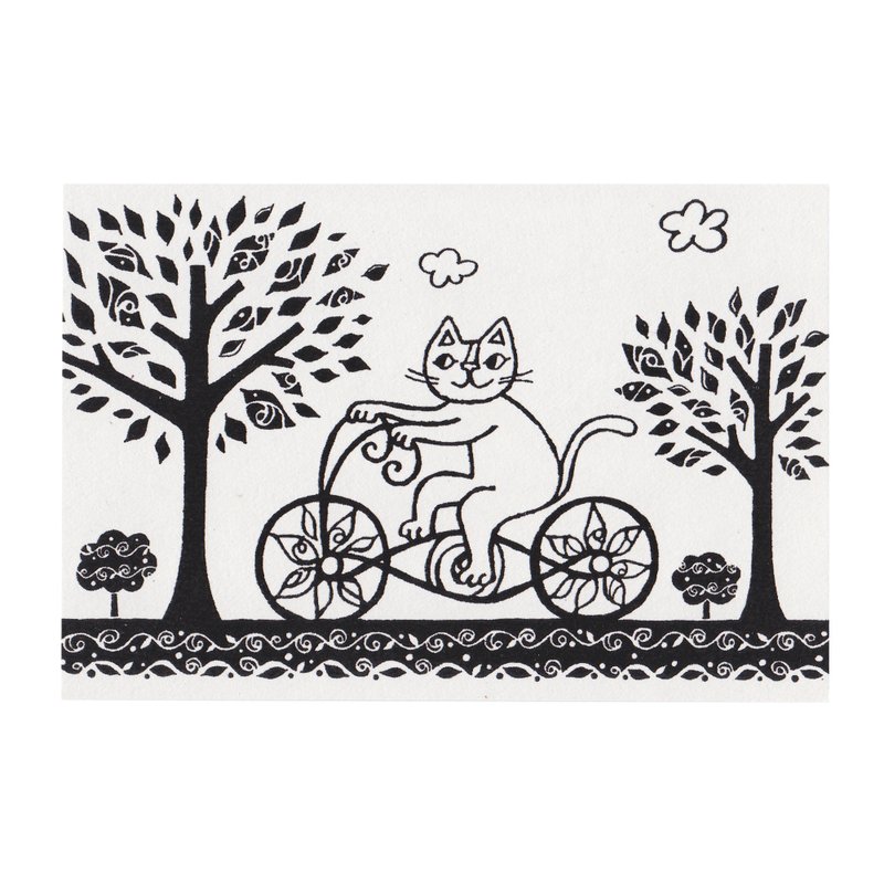 岡部哲郎 貓咪微厚油墨卡片【森林腳踏車】 - 卡片/明信片 - 紙 白色