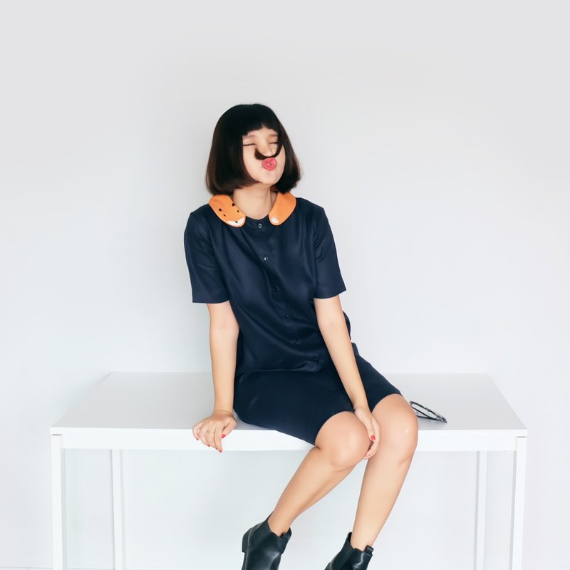 狐狸先生 - 手工刺繡洋裝 Mr. Fox Dress - 洋裝/連身裙 - 繡線 藍色