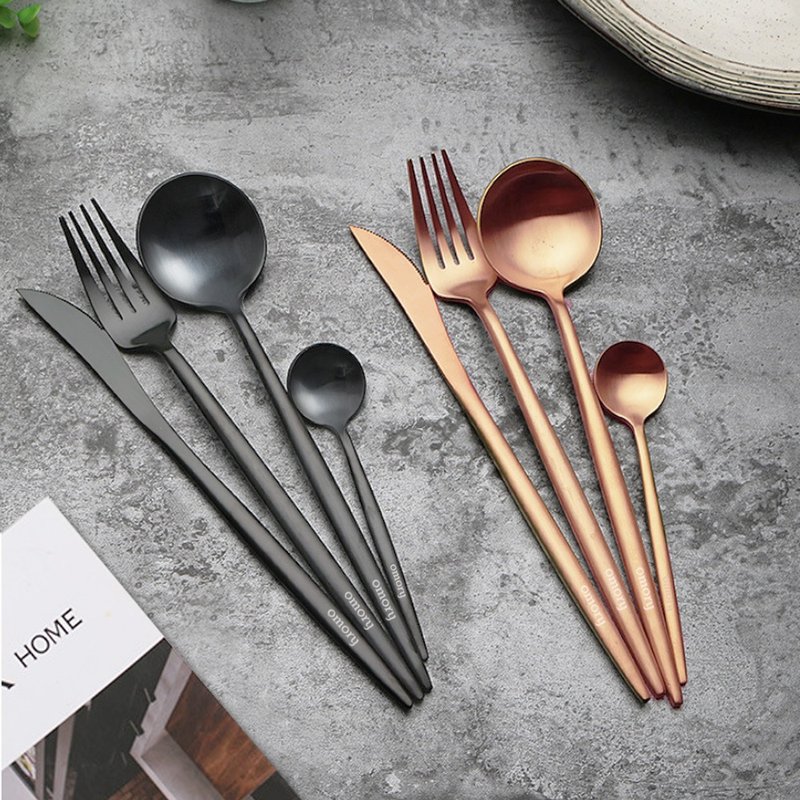 【OMORY】 Stainless Steel titanium plated light luxury matte black/ Rose Gold - ช้อนส้อม - วัสดุอื่นๆ 