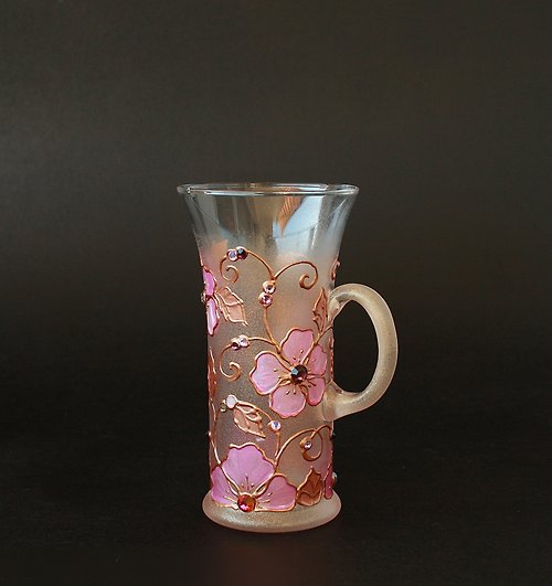 NeA Glass Mug Rose Gold Pink Flowers Swarovski Crystals, hand-painted