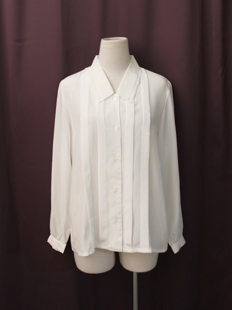 Vintage Japanese Elegant Wood Printed Printed Fabric Double Layer Lapel White Long Sleeve Vintage Shirt - Women's Shirts - Polyester White