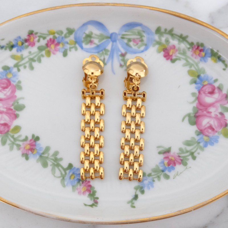 French Gold-tone Imitation Bracelet Clip-on Earrings - ต่างหู - โลหะ สีทอง