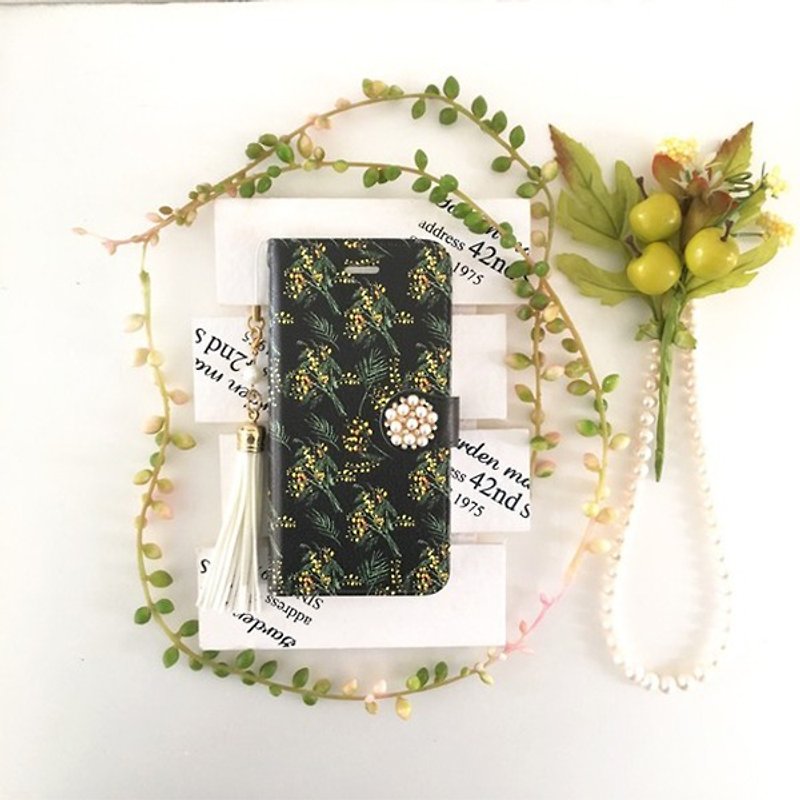 pajour) Monotone black color Mimosa pattern notebook type smartphone case [Autumn / Winter] [Floral pattern] [Black] - Phone Cases - Genuine Leather Black