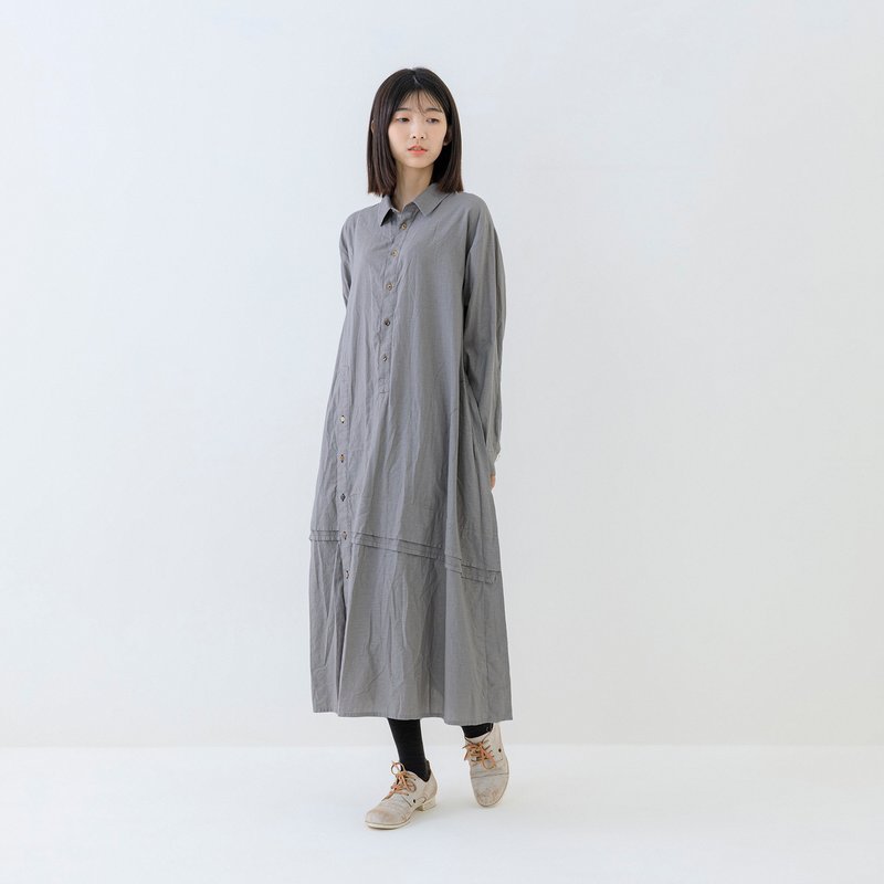 失衡錯位開襟長洋裝 - 洋裝/連身裙 - 棉．麻 灰色