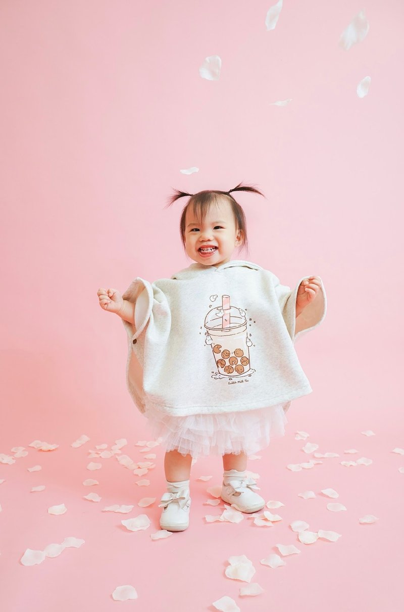 Kid-麻糬兔珍奶小孩厚款斗篷帽衣 (麻白) - 男/女童外套 - 棉．麻 白色