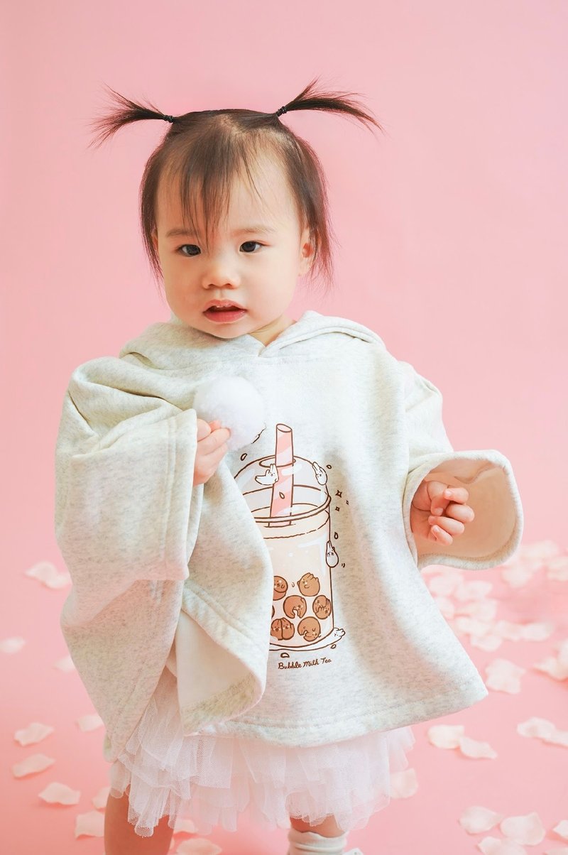 Kid's Mochi Rabbit Boba Milk Tea Thick Cloak Hoodie (Cream White) - เสื้อโค้ด - ผ้าฝ้าย/ผ้าลินิน ขาว