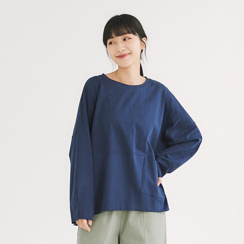 【Simply Yours】重磅口袋大學T 藍F - 女上衣/長袖上衣 - 棉．麻 藍色