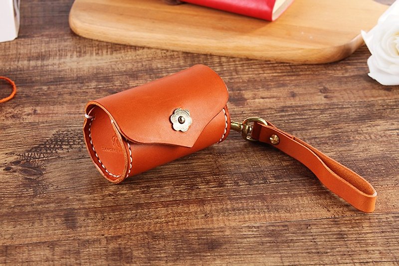 [Cut line] hand sewn leather cute bucket round coin purse brown section - Coin Purses - Genuine Leather Brown