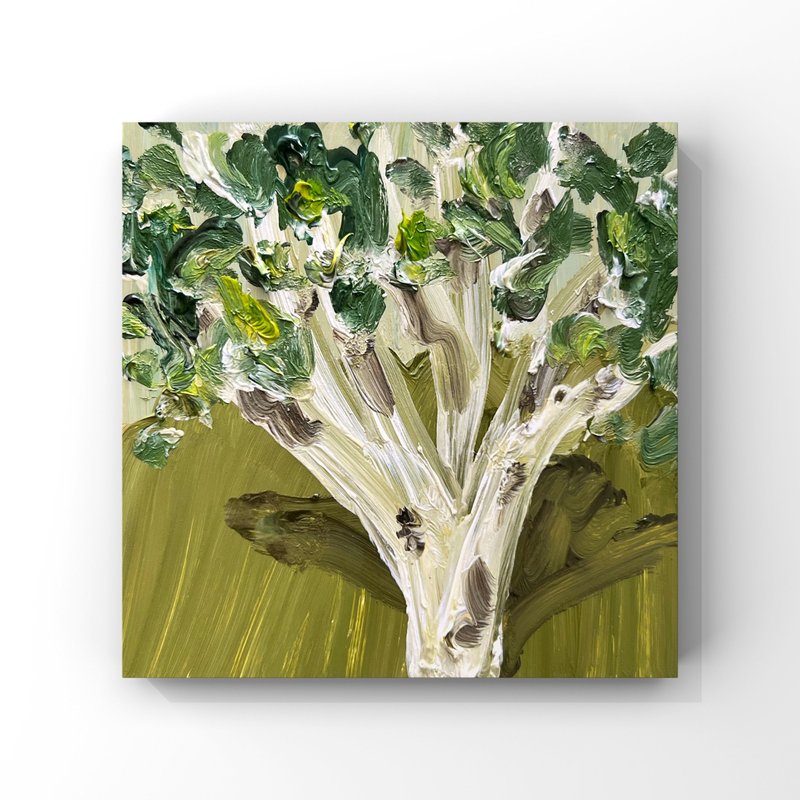 Birch painting original art small birch tree oil painting greenery wall decor - 海報/掛畫/掛布 - 其他材質 卡其色