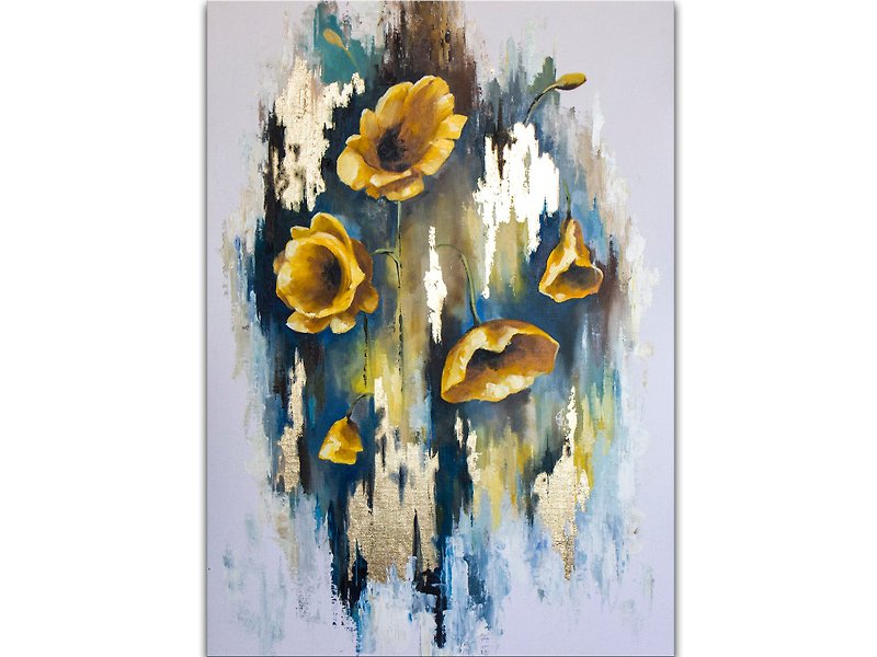 Poppy Painting Yellow Flower Original Art Large Abstract Floral Original Artwork - 海報/掛畫/掛布 - 其他材質 黃色