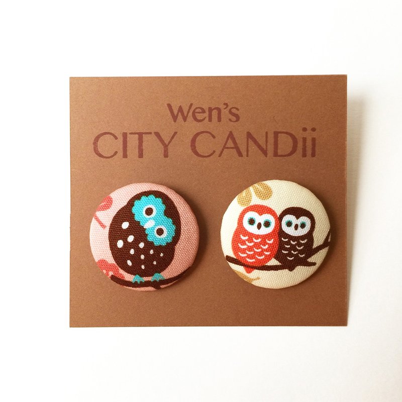 4cm Fabric Badges / Owl Series No.7 - เข็มกลัด - ผ้าฝ้าย/ผ้าลินิน สึชมพู