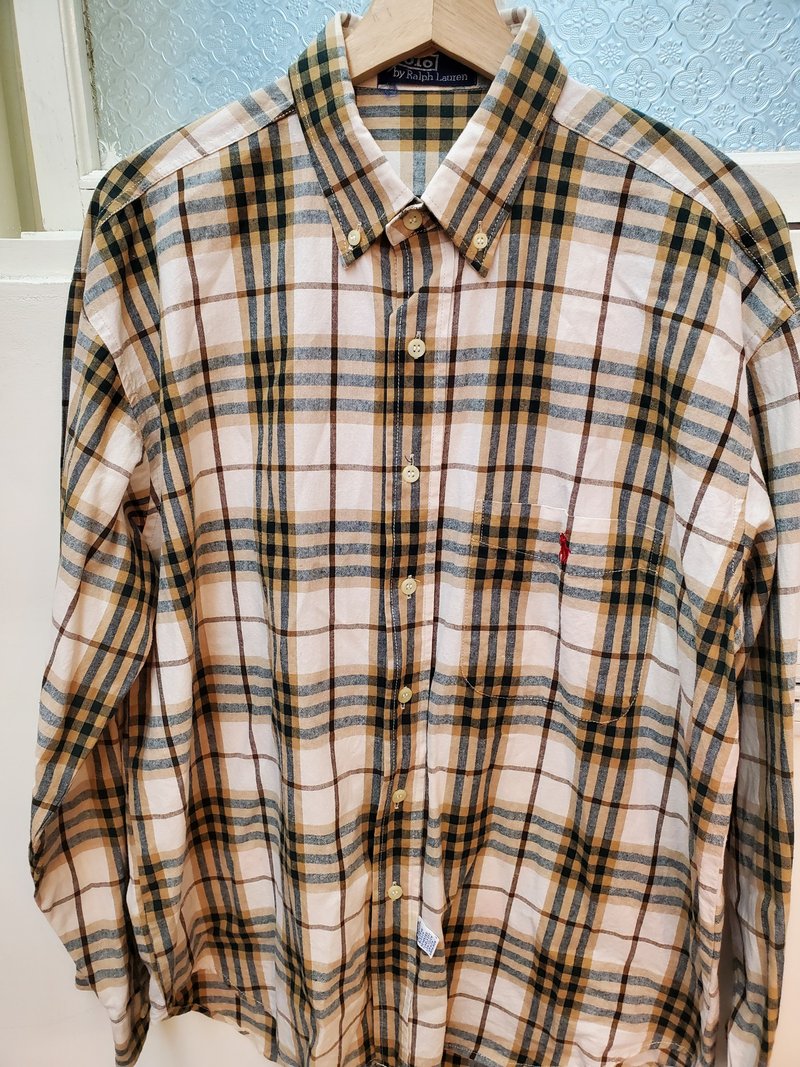 有禮貌穿搭 日本古著 polo ralphlauren 格紋 棉質 長襯 M號 - 男長褲/休閒褲 - 棉．麻 卡其色