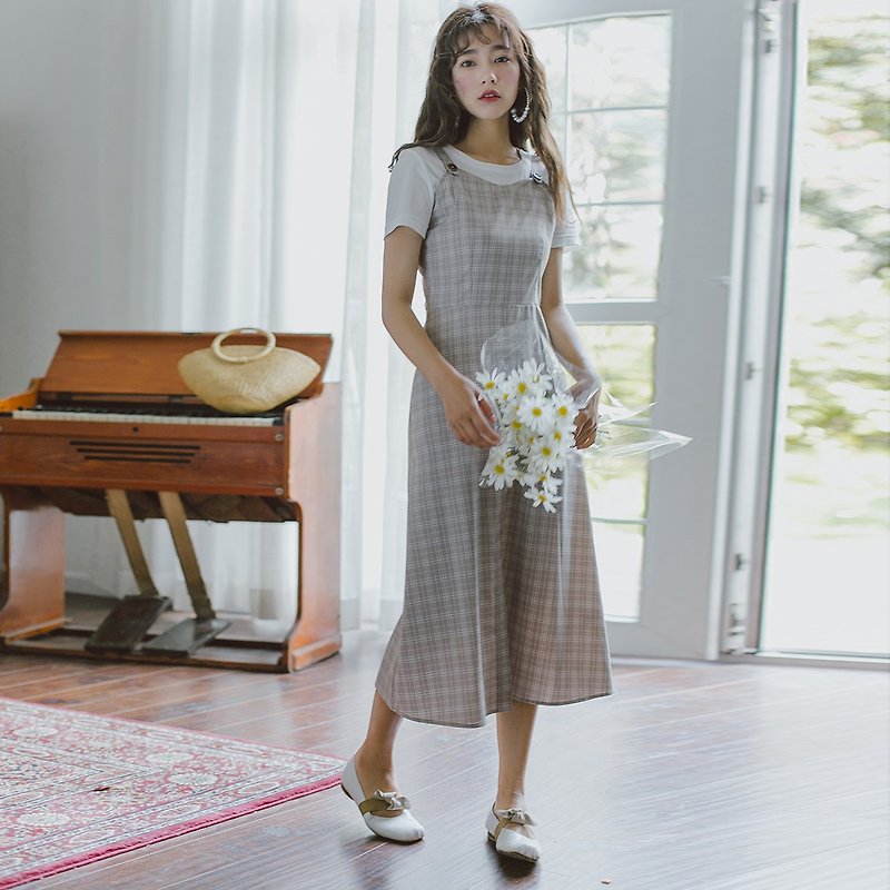 【多件多折】安妮陳新款文藝女裝格子背帶連身裙洋裝 YMX8160 - 連身裙 - 聚酯纖維 銀色