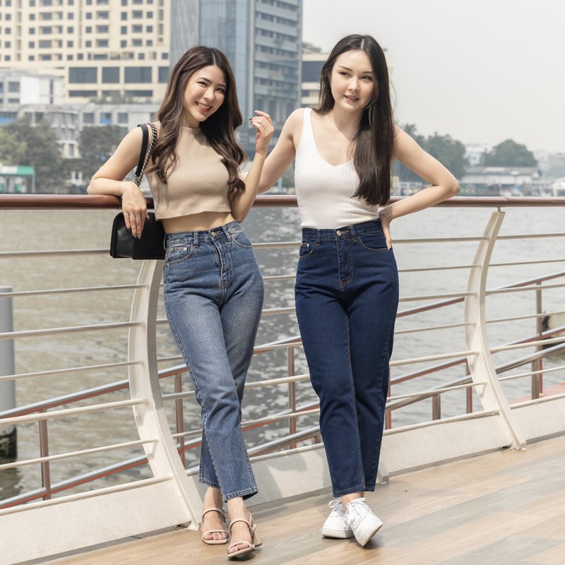 Jessie 修身桶直牛仔褲 | 淺藍色軍藍色 | 暢銷 | 輕鬆休閒週末 - 女長褲 - 環保材質 藍色