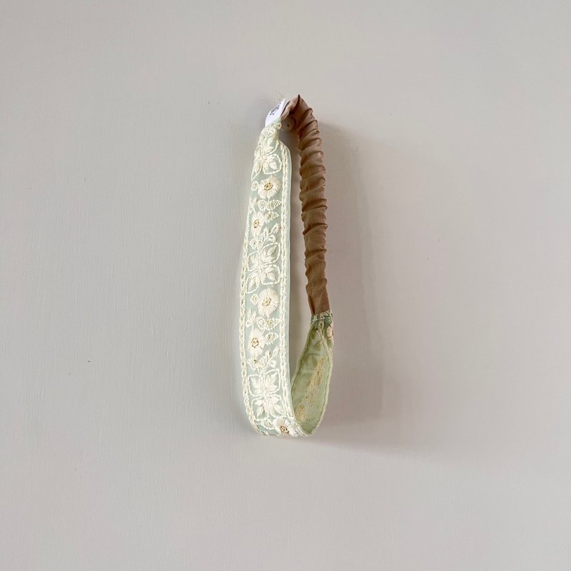 印度製精工野花刺繡民族編織鬆緊髮帶 薄荷綠 - 髮夾/髮圈 - 棉．麻 綠色