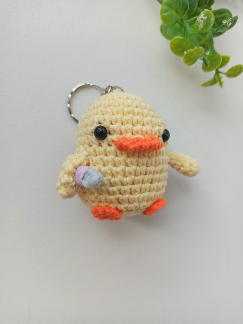 Crochet keychain duckling with a knife,cute bag charm,car accessories for women - Keychains - Cotton & Hemp Yellow