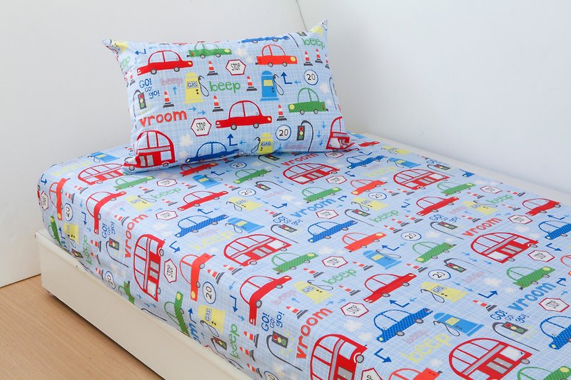 Anti-mite waterproof and breathable cotton bed pillowcase set <busy car> increase bedding cleaning pad - เครื่องนอน - ผ้าฝ้าย/ผ้าลินิน สีน้ำเงิน