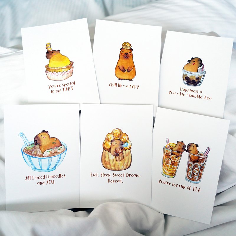 【Capybara Hong Kong Food】Art Print Postcard Set of Six - การ์ด/โปสการ์ด - กระดาษ สีส้ม