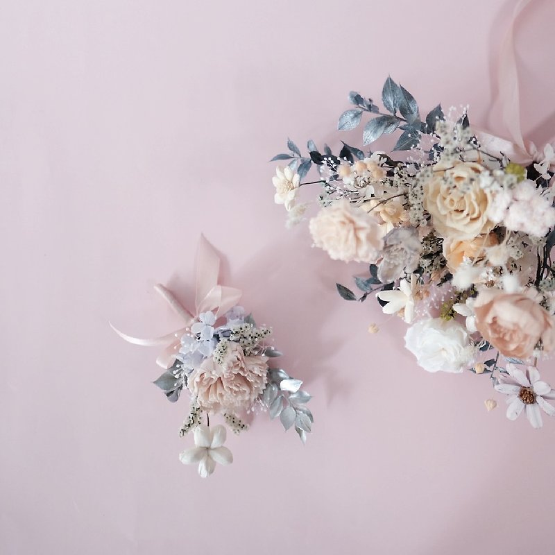 Bride's bouquet & groom's corsage set | Customizable preserved and dried Sola flowers - ช่อดอกไม้แห้ง - พืช/ดอกไม้ 