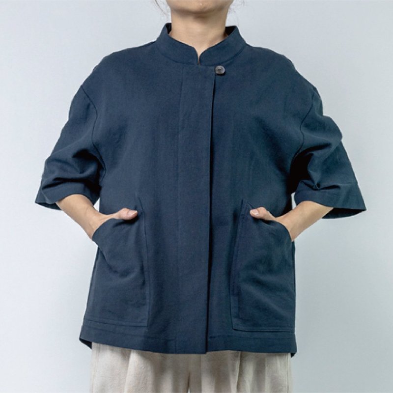 五分袖ポケットシャツ-レディース 天然コットンリネン | ミッドナイトブルー - シャツ・ブラウス - コットン・麻 