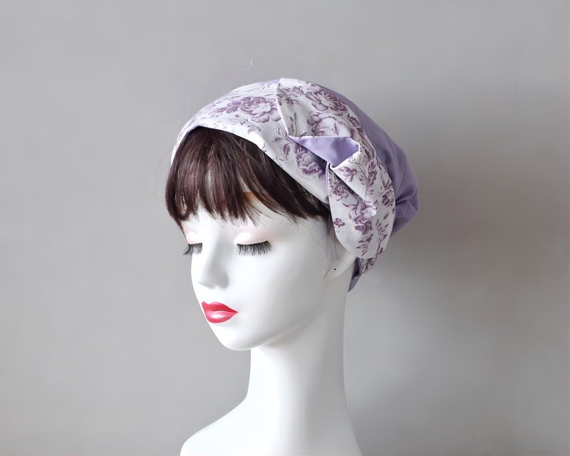 Pale colored flower lover sash ribbon and violet hair turban Medical cap/Care cap Care cap - เครื่องประดับผม - ผ้าฝ้าย/ผ้าลินิน สีม่วง