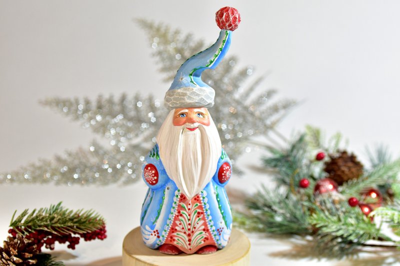 Russian painted Santa, Light blue Santa Claus, Hand carved Russian Moroz - ตุ๊กตา - ไม้ สีน้ำเงิน