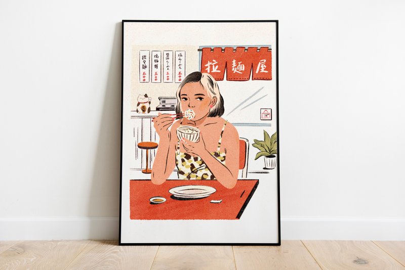 Young girl eating ramen | A4 poster | Art print | - โปสเตอร์ - กระดาษ ขาว