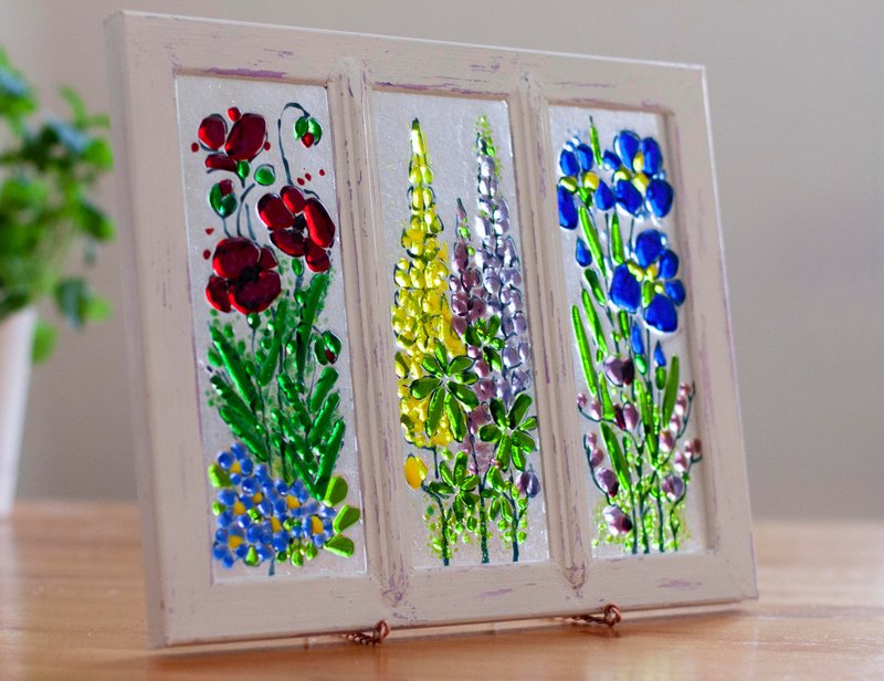 Window to a blooming garden. Glass panel in a frame. Fusing, glass - Items for Display - Glass Multicolor