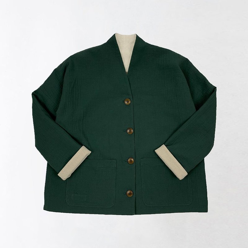 Green and light Khaki. Small stand-up collar double-sided jacket - Women's Casual & Functional Jackets - Cotton & Hemp 