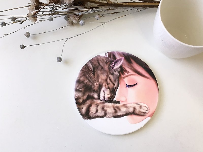 Animal illustration ceramic absorbent coaster [warm hug] - ที่รองแก้ว - ดินเผา ขาว