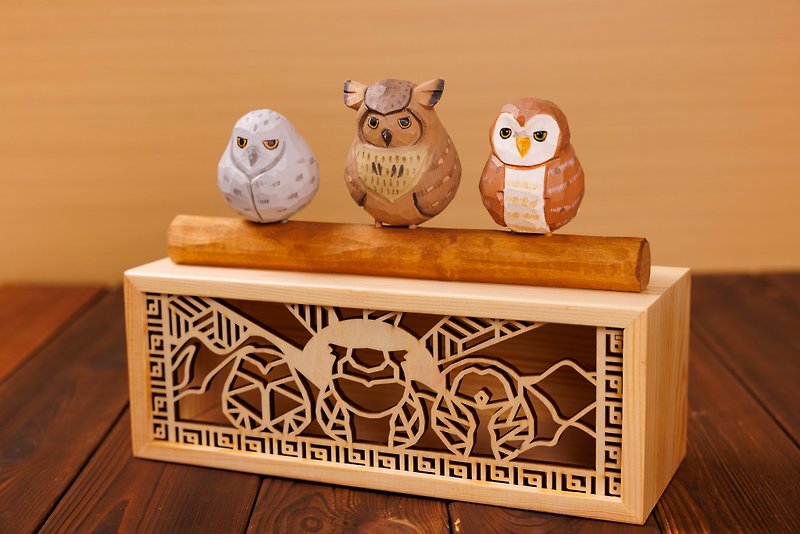 (Original Design) Set of 3 Wood Carved Owl Figurines with Wooden Box - Items for Display - Wood Brown