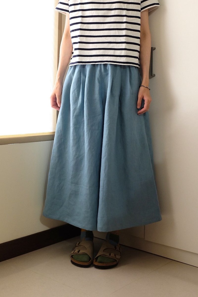Daily Handmade Suit Romantic Turquoise Blue Pleated Skirt Linen - Women's Pants - Cotton & Hemp Blue