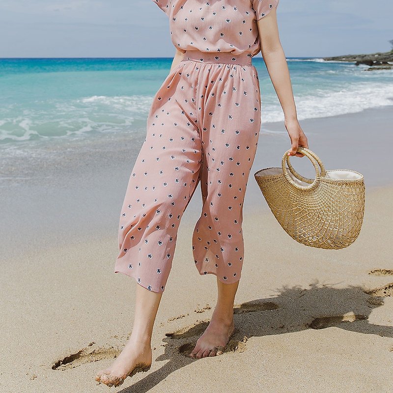 [Multiple folds] Anne Chen 2019 summer dress new back waist to beat floral wide leg pants 8252 - Women's Pants - Polyester Pink