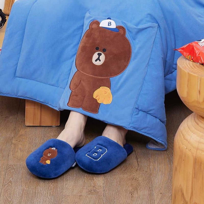 LINE FRIENDS Bear Big Baseball Chubby Slippers - รองเท้าแตะในบ้าน - ผ้าฝ้าย/ผ้าลินิน สีน้ำเงิน