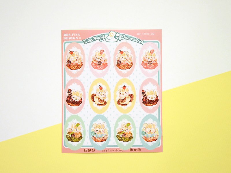小圓貼紙-餅乾冰淇淋兔 - 卡片/明信片 - 紙 多色