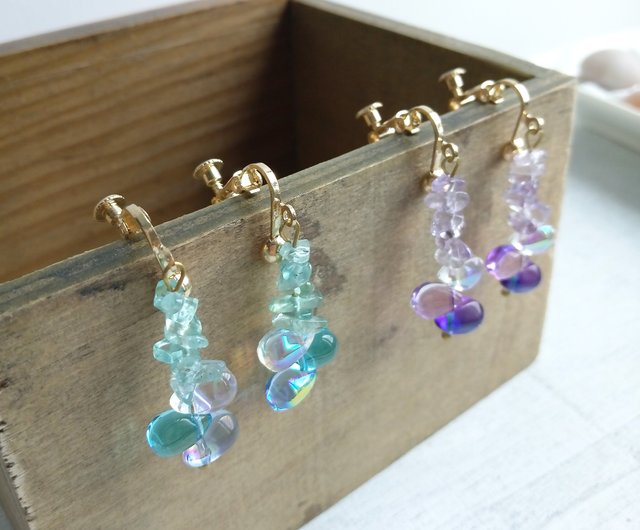 （保留）天然石　ドロップ型チャロアイト　ピアス＊イヤリング 天然水晶石パープルガラスドロップビーズイヤリングのアイヤナ