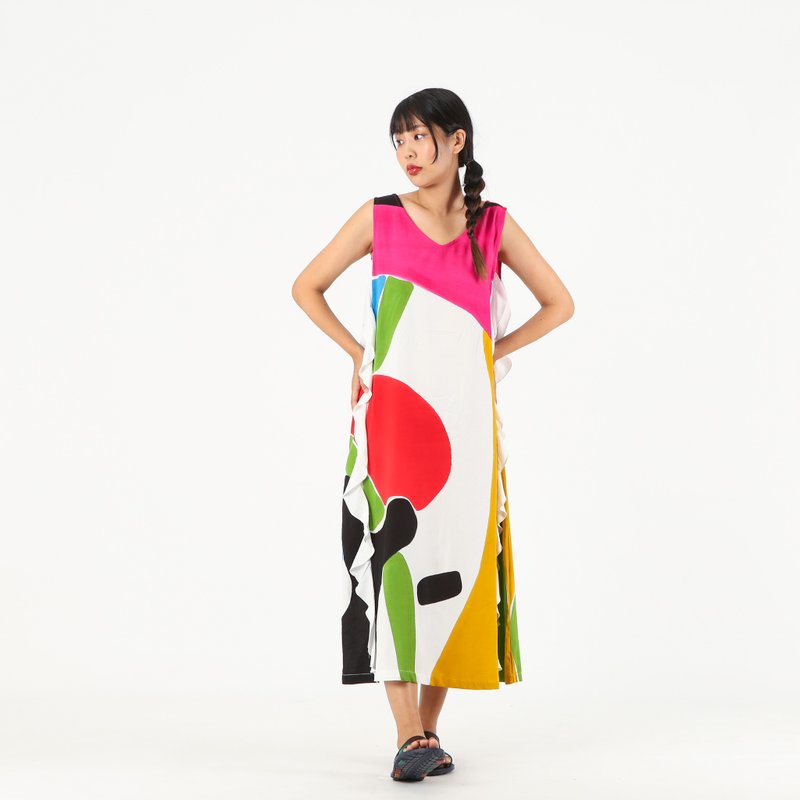 Long Dress Cotton Rayon Hand Paint Free Size - 洋裝/連身裙 - 棉．麻 粉紅色