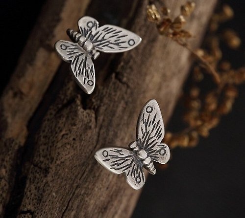 garyjewelry Real S925 Sterling Silver Handmade Butterfly Stud Earrings Women Retro Engraved