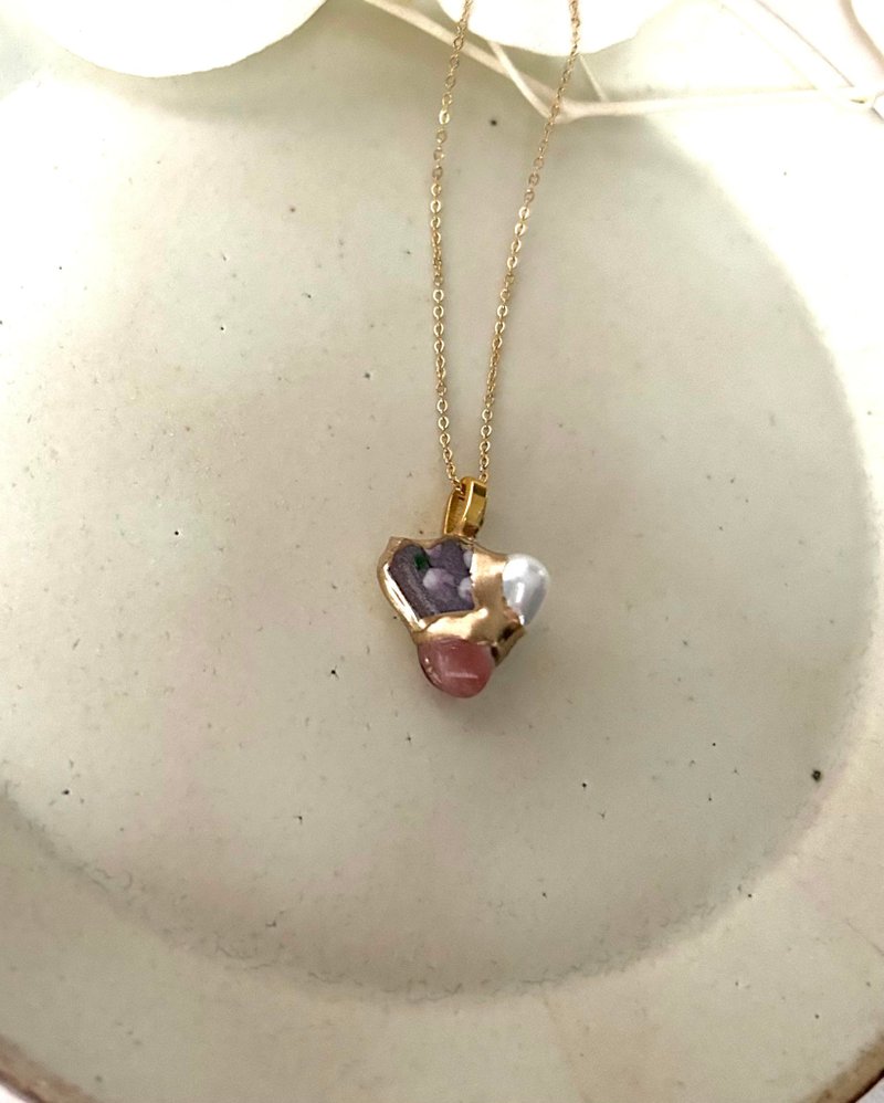 京焼 金継ぎ  ネックレス サージカルステンレスチェーン　アレルギー対応18K　絵付け うす紫 淡水パール オレンジアベンチュリン  天然石 伝統工芸 No74 - 項鍊 - 陶 紫色