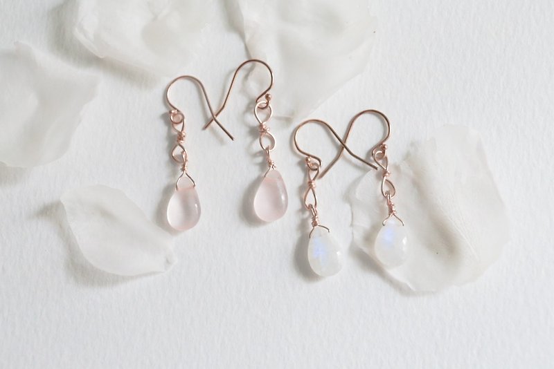 Handmade 14K gold rose gold water droplets crystal earrings can be turned ear clip 14KGF - Earrings & Clip-ons - Gemstone Pink