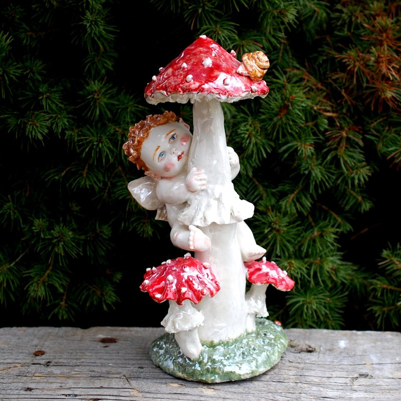 Elf figurine Ceramic sculpture Porcelain angels figurines Mushroom figurines - Pottery & Ceramics - Porcelain Multicolor