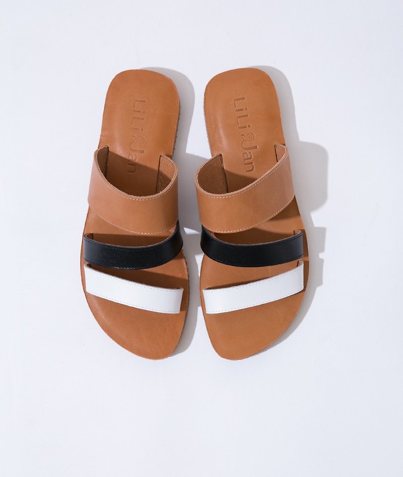 Clearance-[That Summer] Classic Three-Belt Leather Sandals _Pure White / Black / Camel (23) - Slippers - Genuine Leather Brown