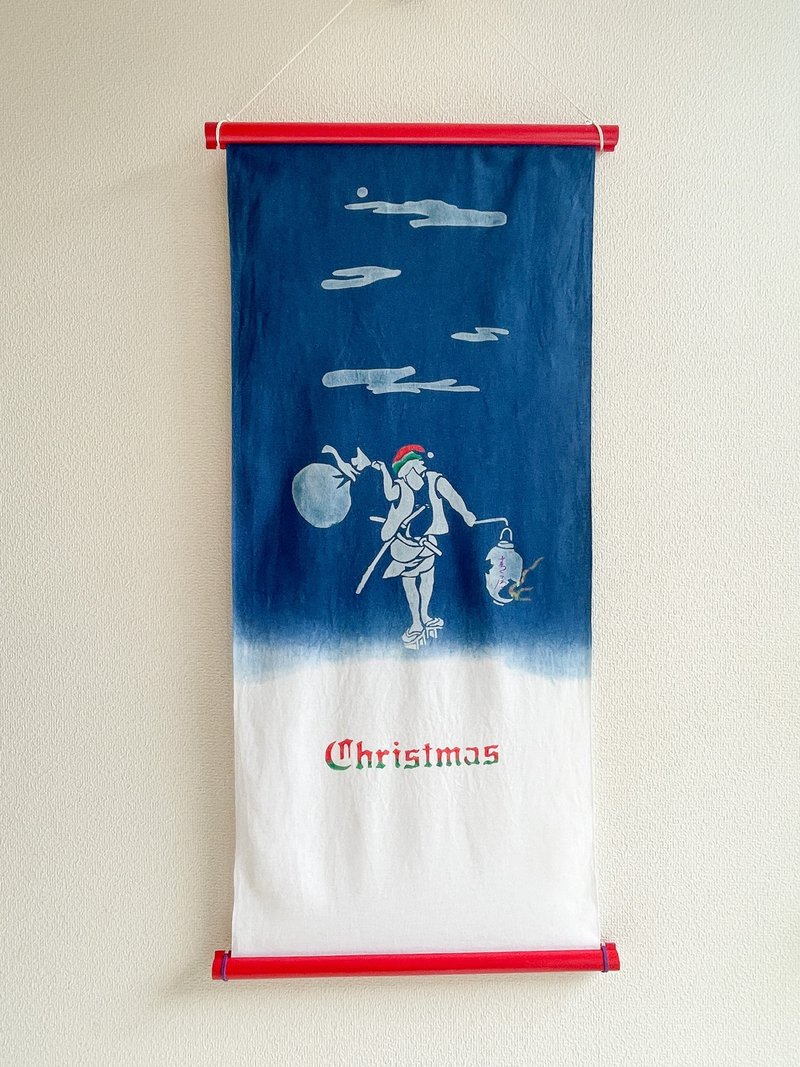 日本製 Christmas Tenugui　藍染手ぬぐい Santa Claus 浮世絵 侍 クリスマス サンタクロース 型摺り染　aizome moon - 其他 - 棉．麻 藍色